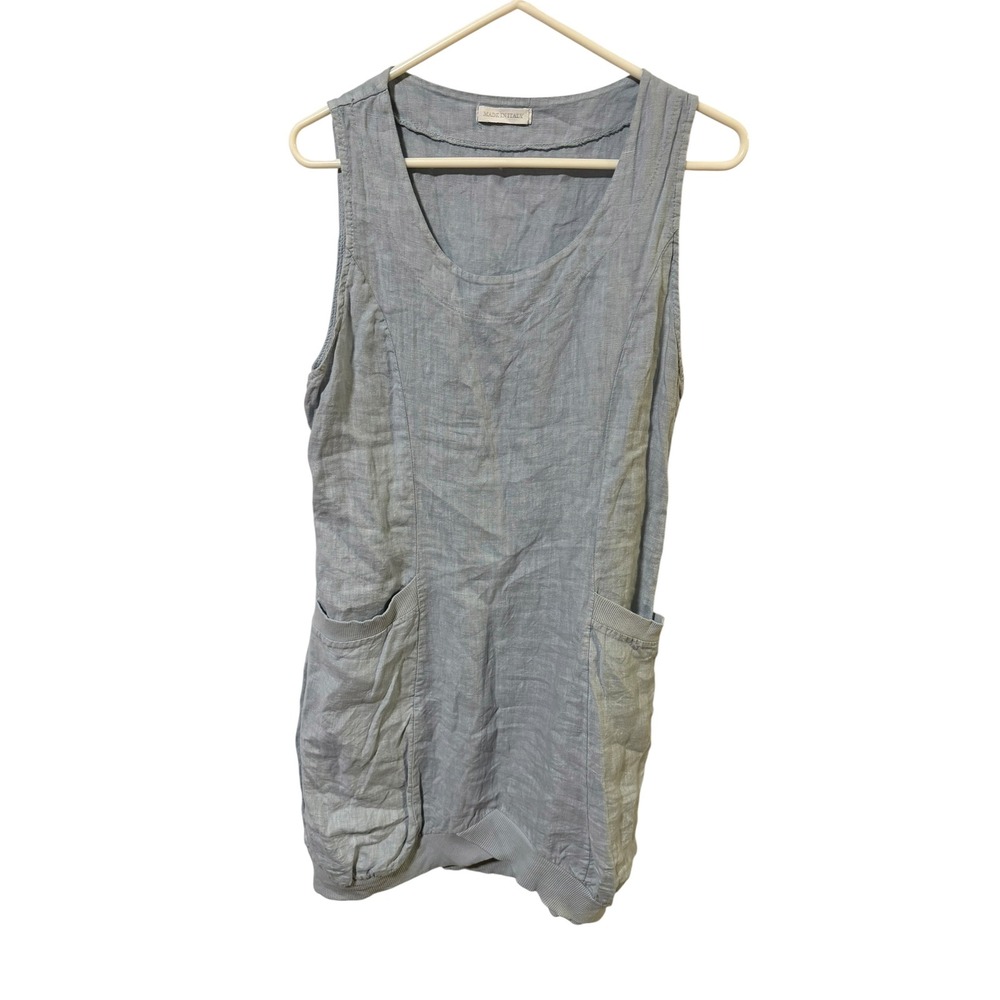 Made in Italy Size L/XL Blue Linen Sleeveless Lagenlook Dress